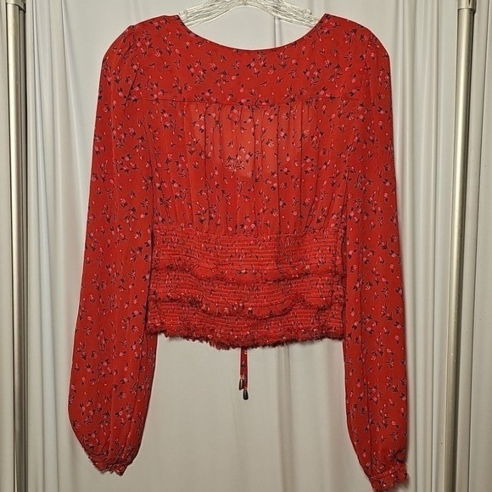 Free People Womens Tied Square Keyhole Neckline Red Floral Polyester Blouse M - Picture 4 of 8